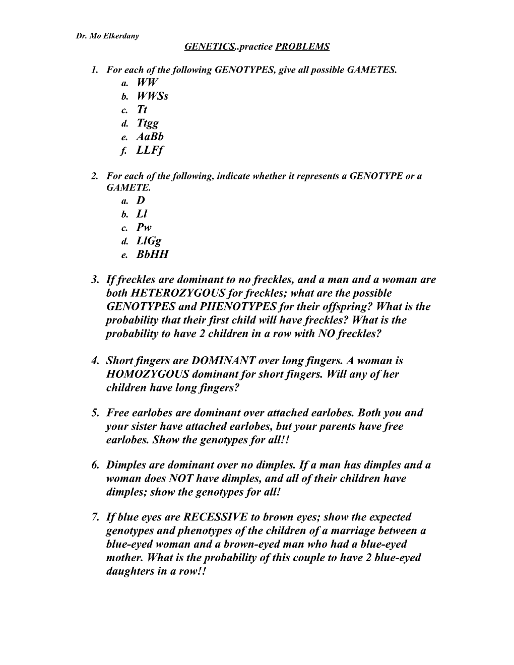 GENETICS Practice PROBLEMS