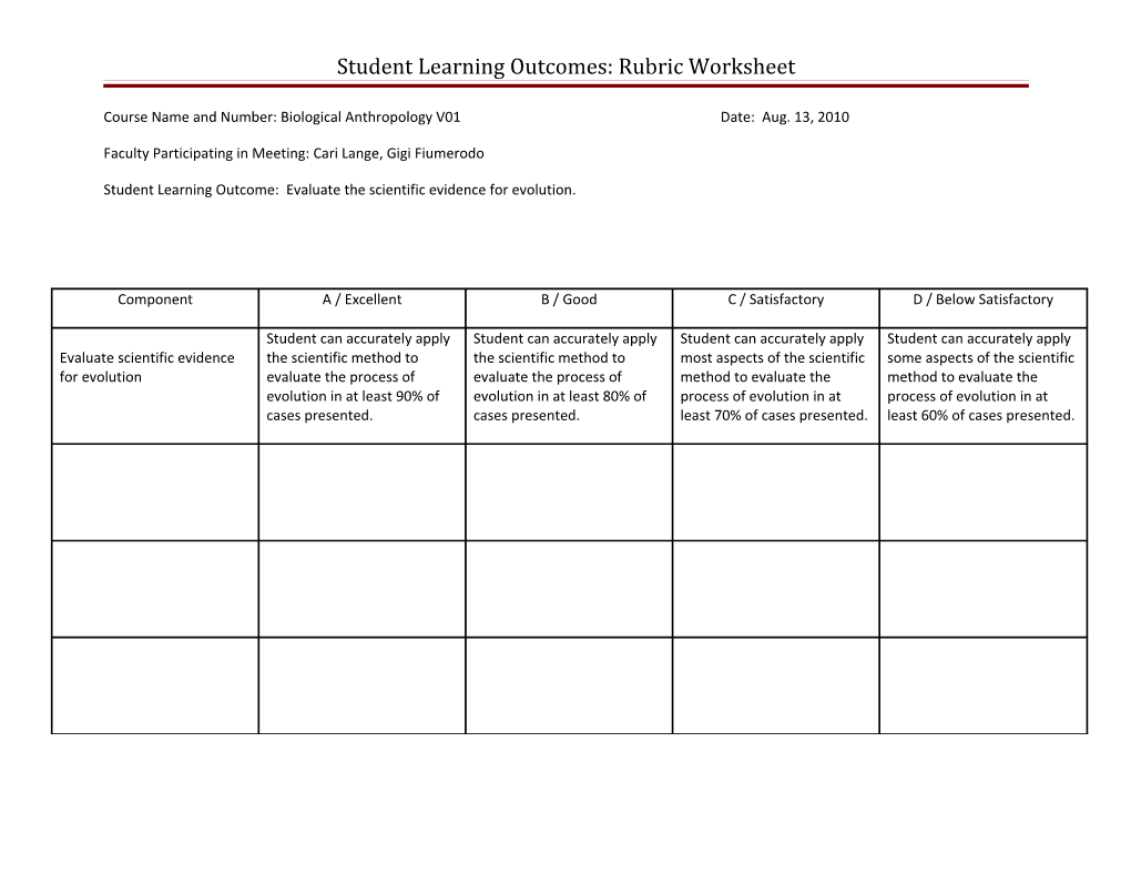 Student Learning Outcomes: Rubric Worksheet