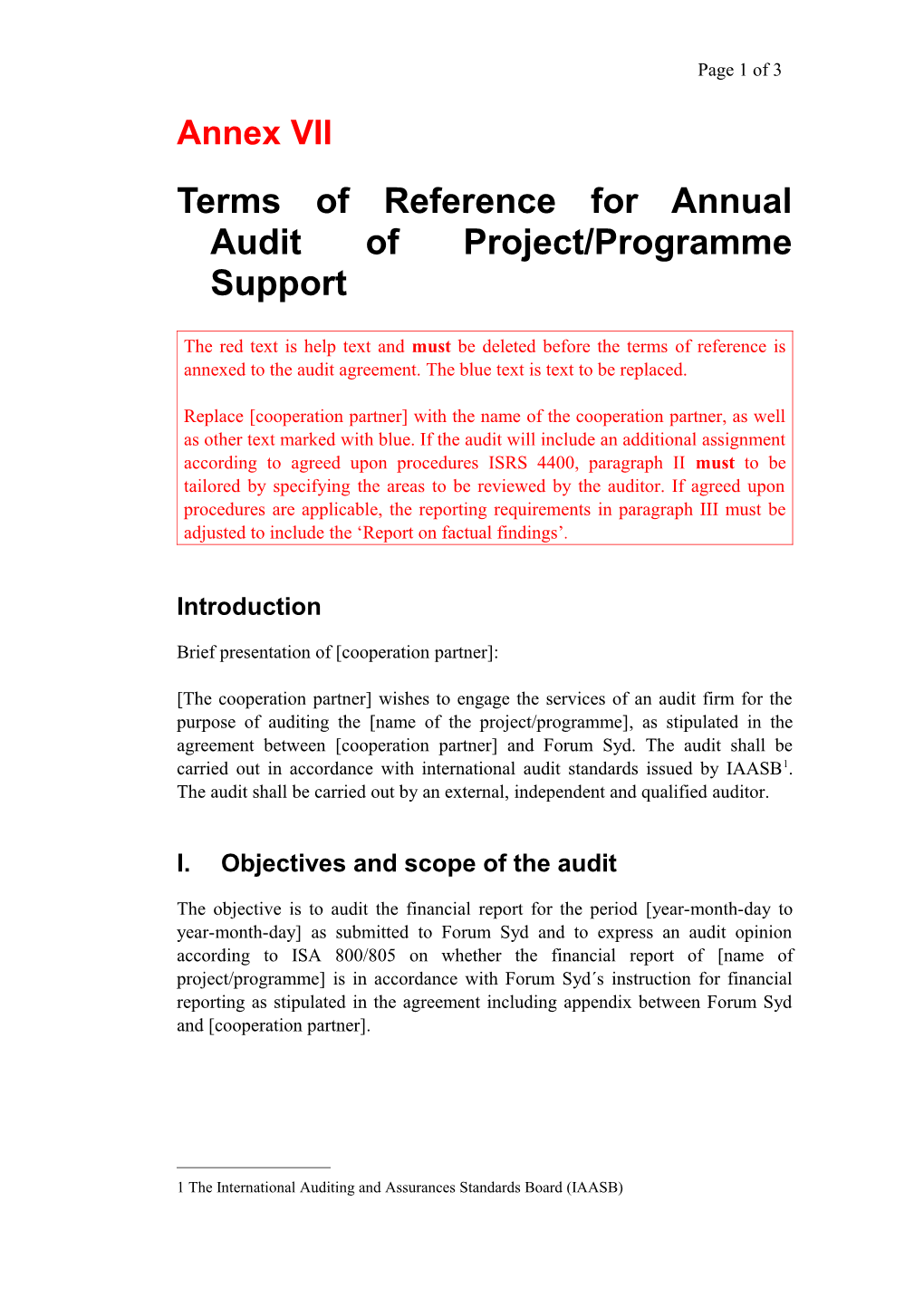 Terms of Reference for Annual Audit of Project/Programme Support