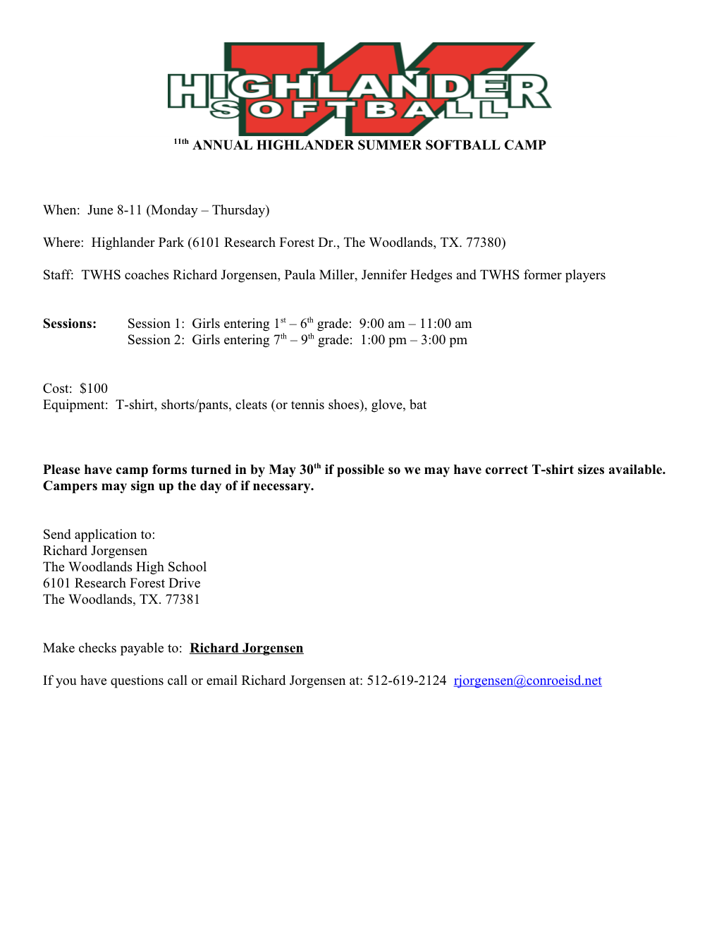 6Th ANNUAL HIGHLANDERS SUMMER SOFTBALL CAMP