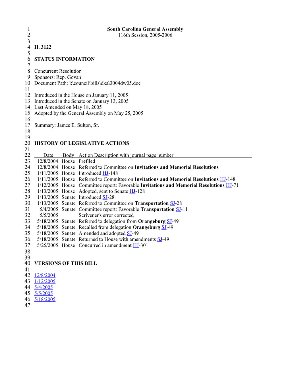 2005-2006 Bill 3122: James E. Sulton, Sr. - South Carolina Legislature Online