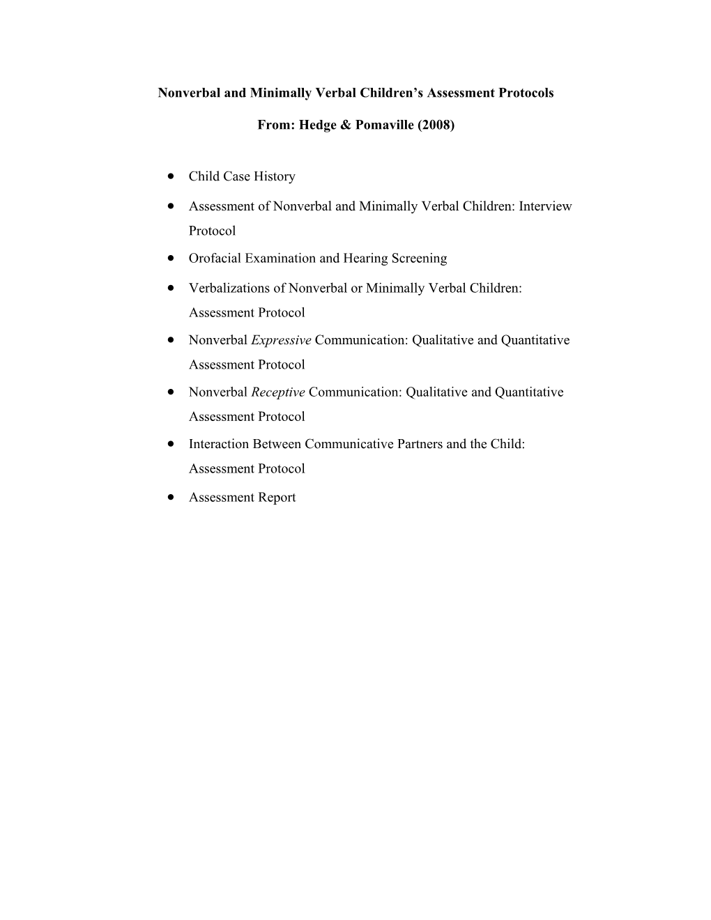 Nonverbal and Minimally Verbal Children S Assessment Protocols