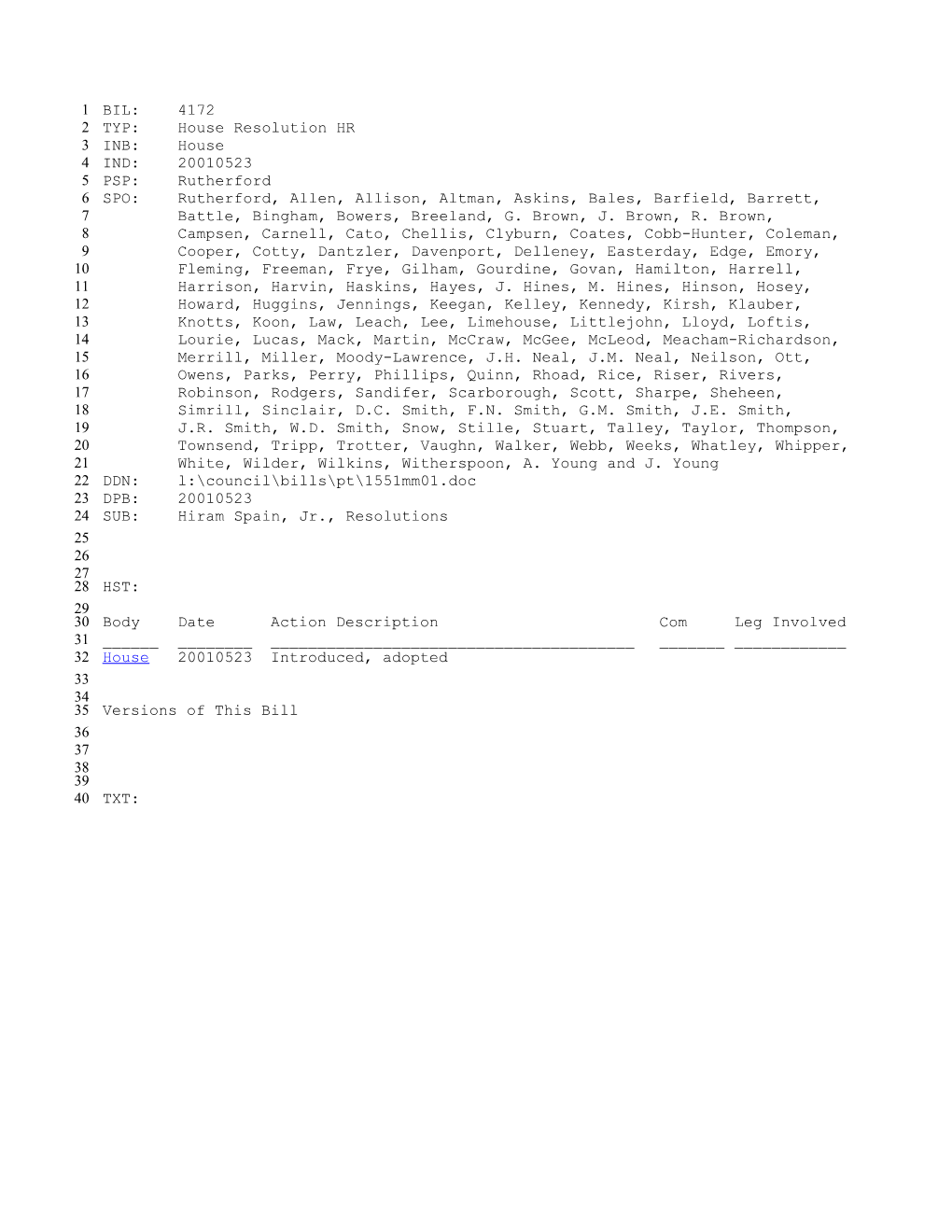 2001-2002 Bill 4172: Hiram Spain, Jr., Resolutions - South Carolina Legislature Online