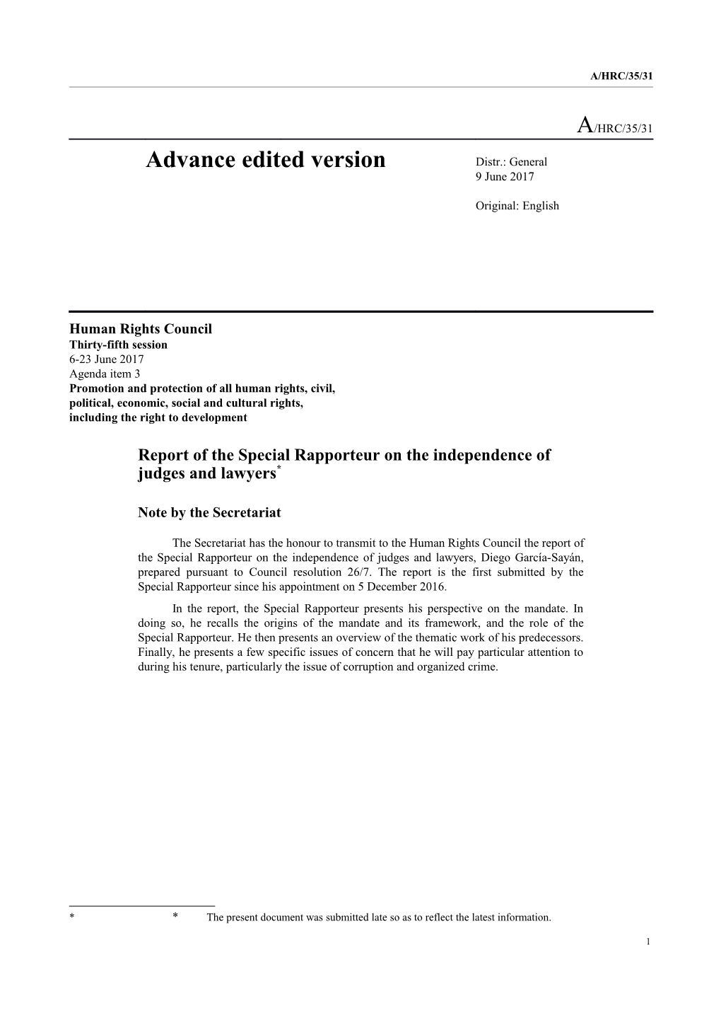 Report of the Special Rapporteur on the Independence of Judges and Lawyers in English