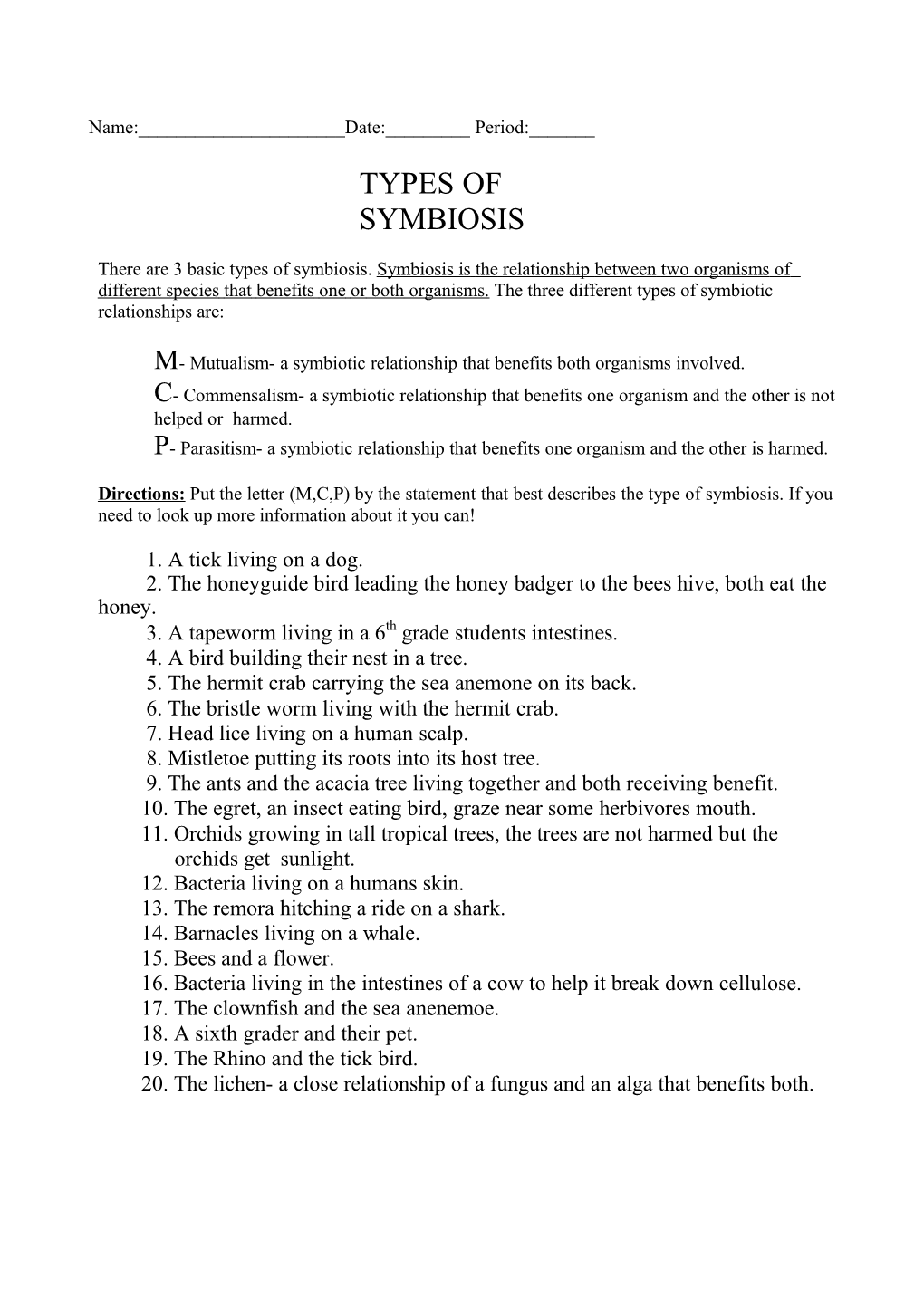 Types of Symbiosis Worksheet