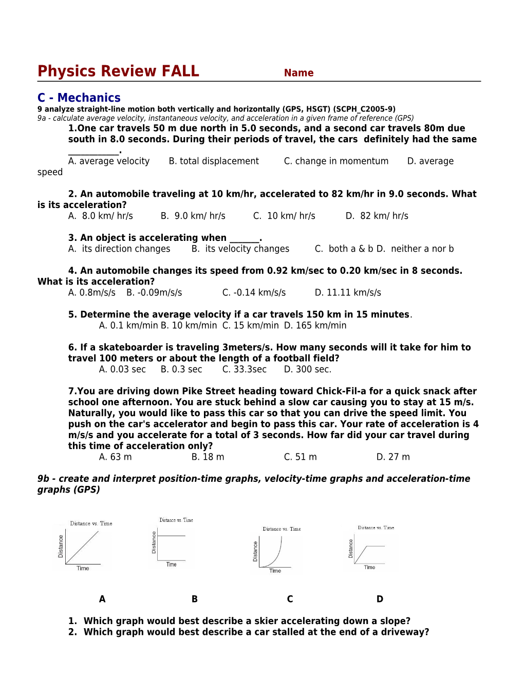 Physics Review FALL Name