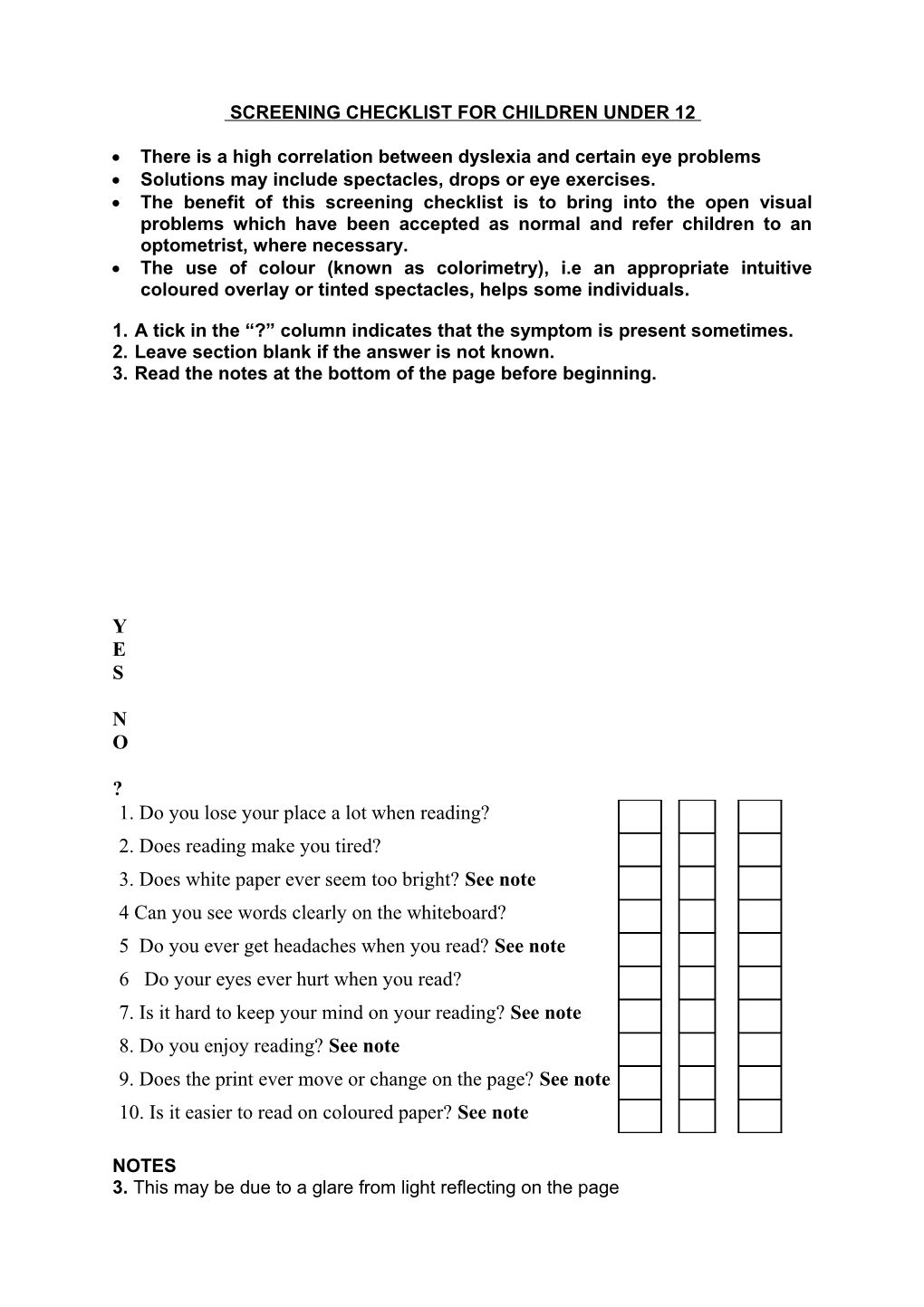 Screening Checklist for Children Under 12