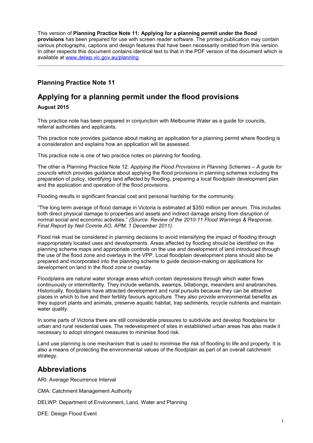 Planning Practice Note 11: Applying for a Planning Permit Under the Flood Provisions