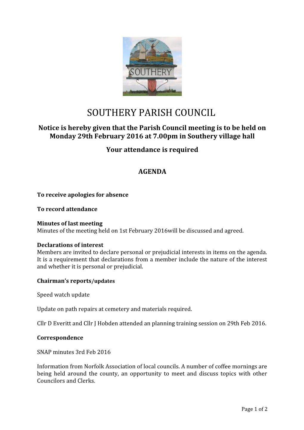 Notice Is Hereby Given That Theparish Council Meeting Is to Be Held on Monday29th February2016