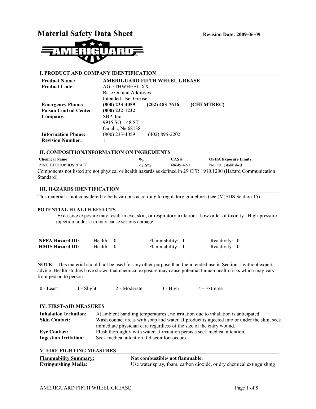 Material Safety Data Sheet Revision Date: 2009-06-09