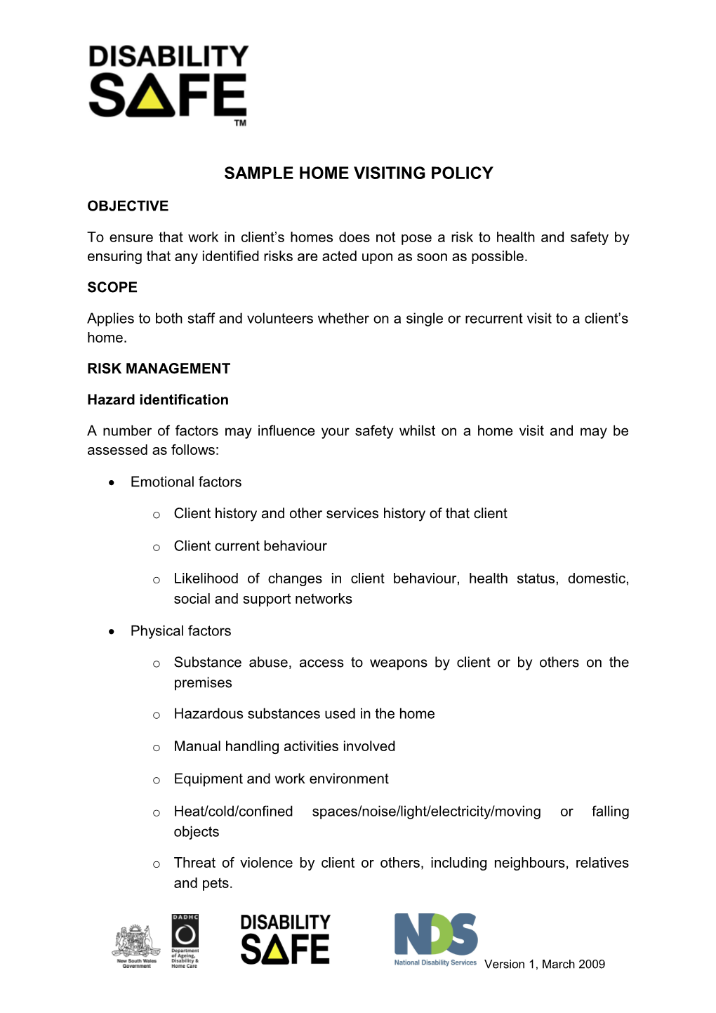 Sample Home Visiting Policy