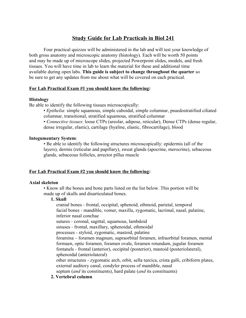 Study Guide for Lab Practicals in Biol 241