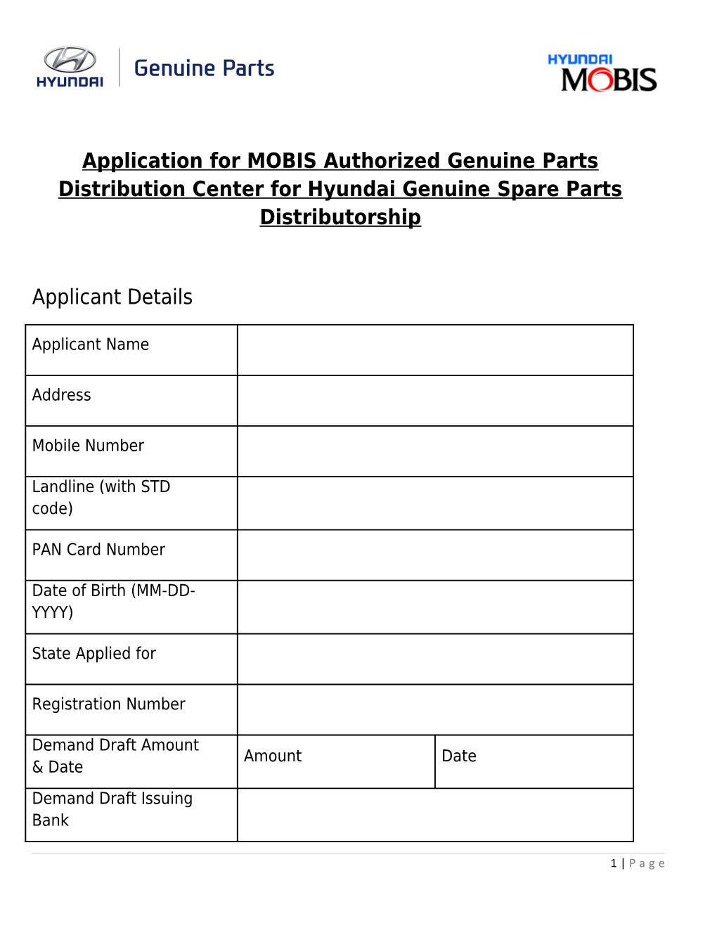 Application for MOBIS Authorized Genuine Parts Distribution Center for Hyundai Genuine