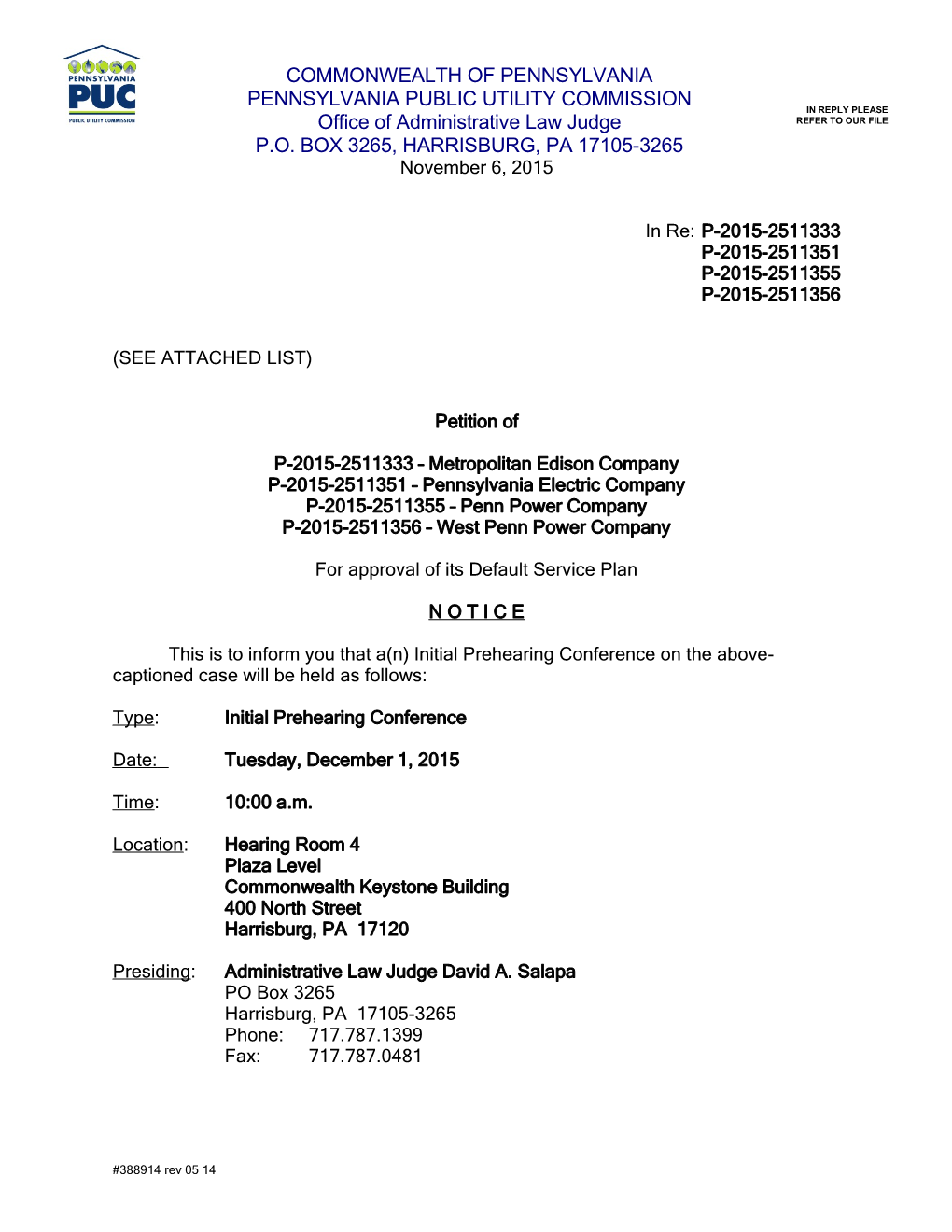 Harrisburg Prehearing Conference Notice