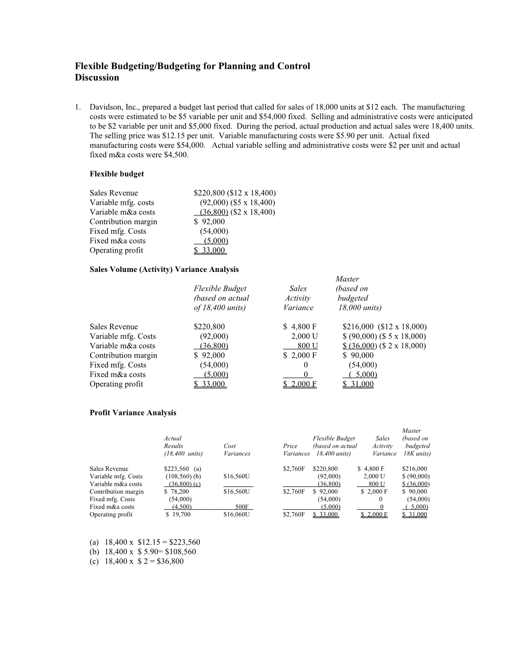 Problem Set- Flexible Budgeting