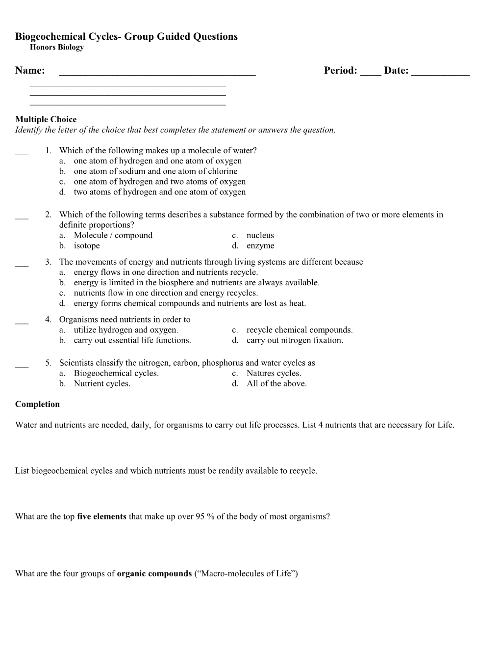 Biogeochemical Cycles Quiz - Chapter 3