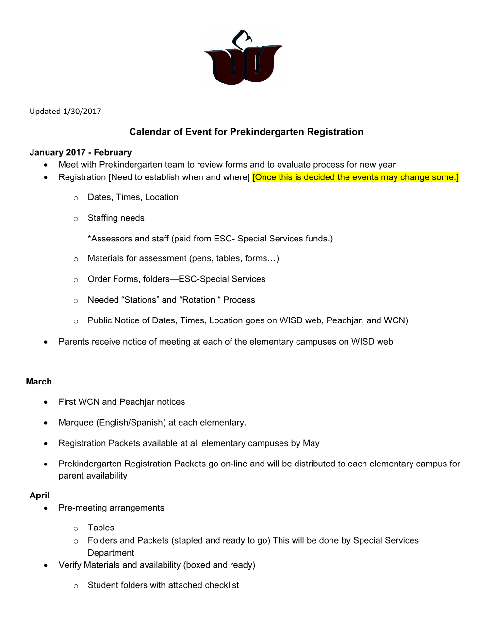 Calendar of Event for Prekindergarten Registration