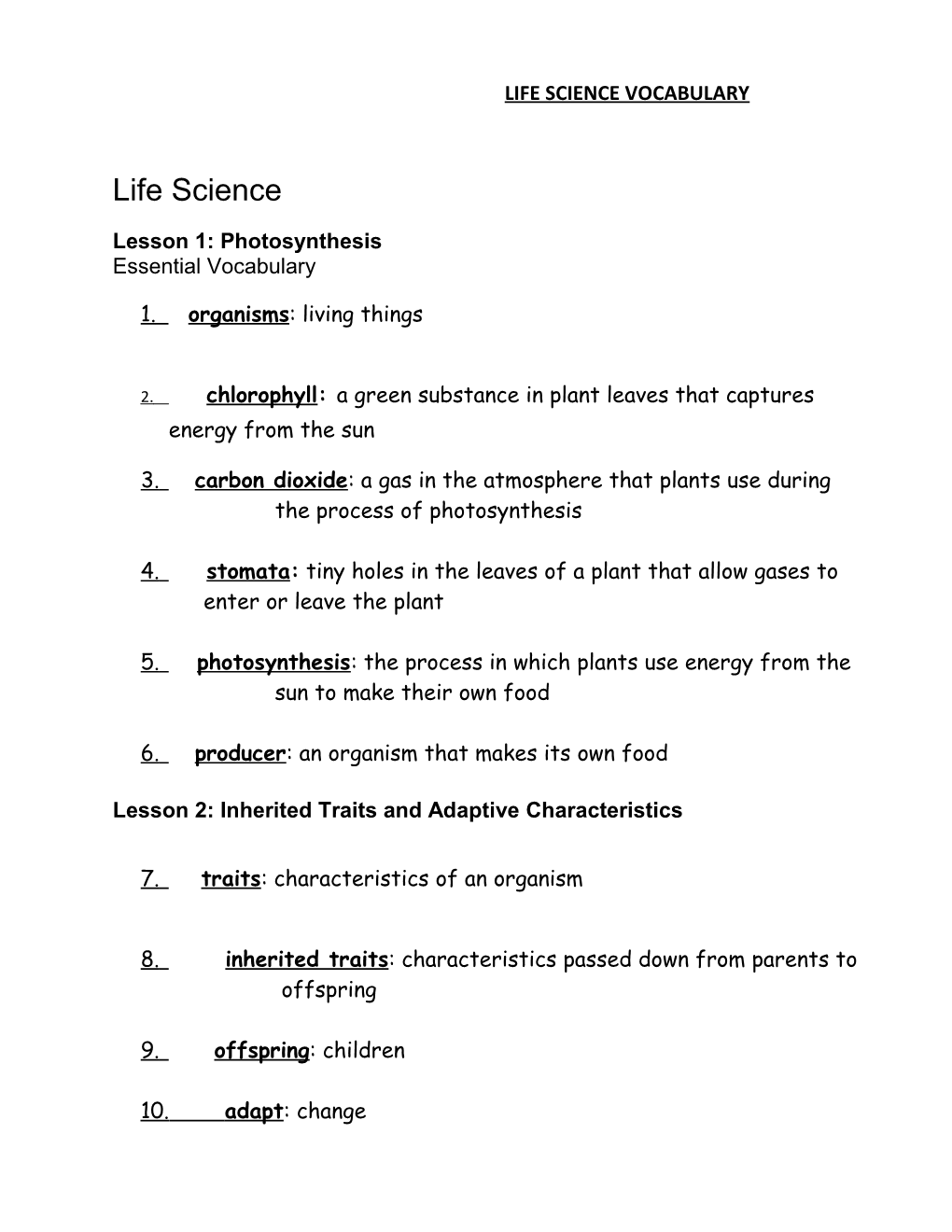 Life Science Vocabulary