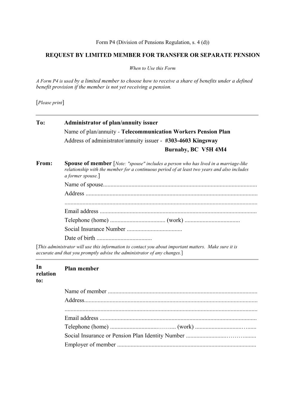 Form P1 (Division of Pensions Regulation, S