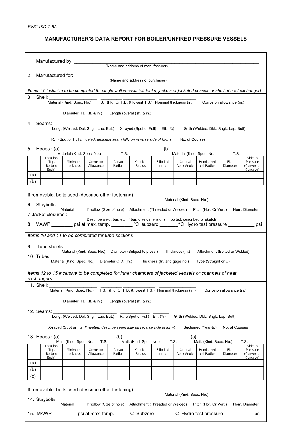 Manufacturer S Data Report for Boiler/Unfired Pressure Vessels