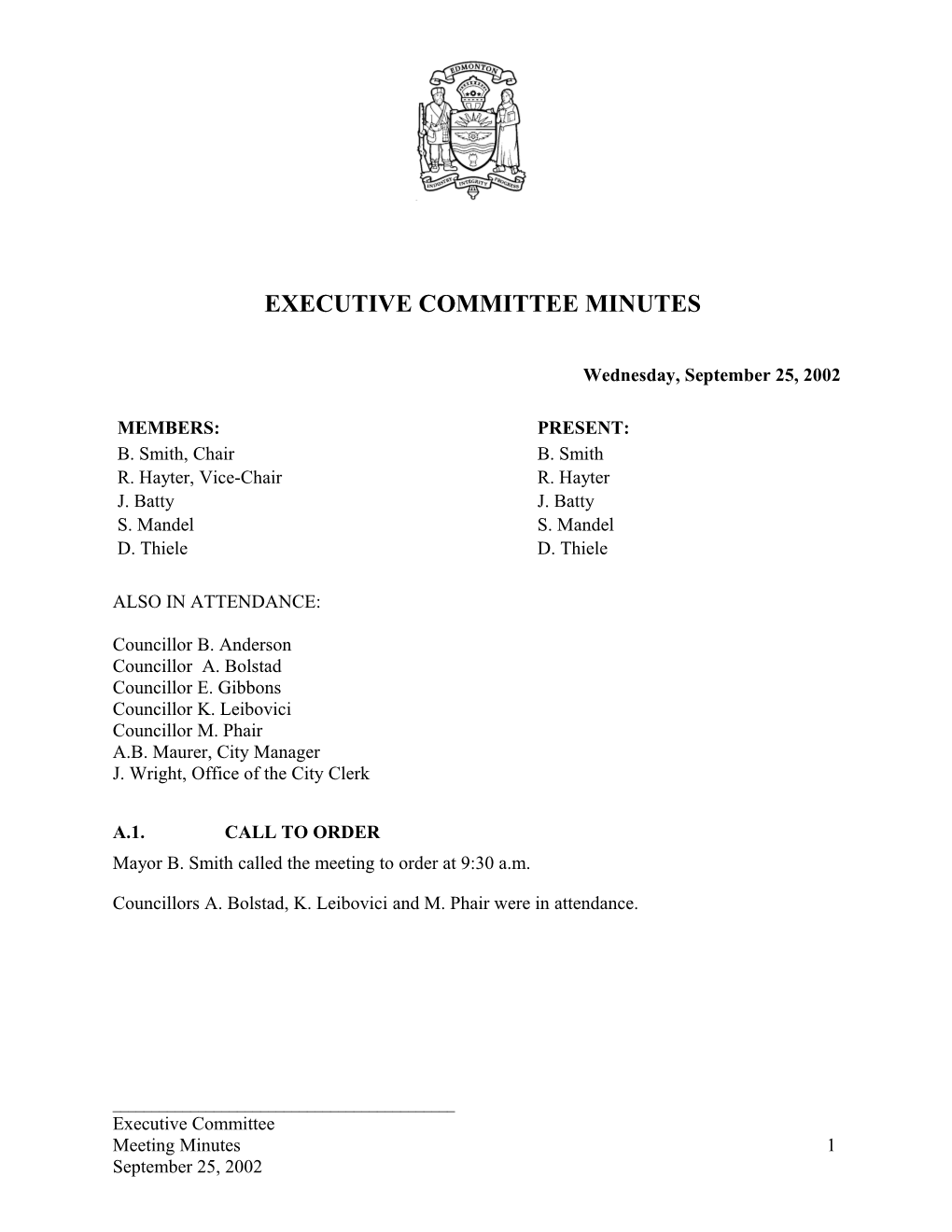 Minutes for Executive Committee September 25, 2002 Meeting