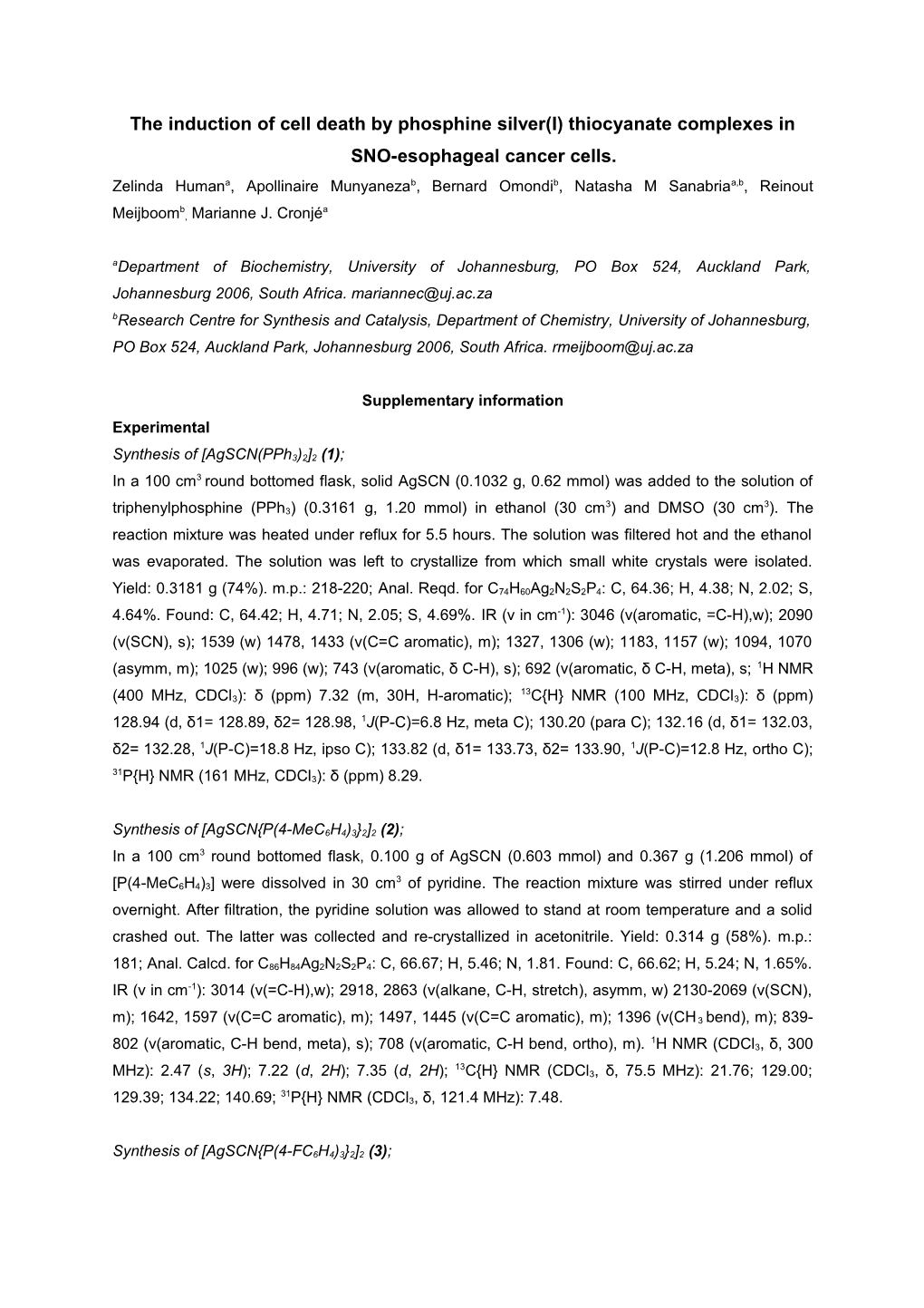 The Induction of Cell Death by Phosphine Silver(I) Thiocyanate Complexes in SNO-Esophageal