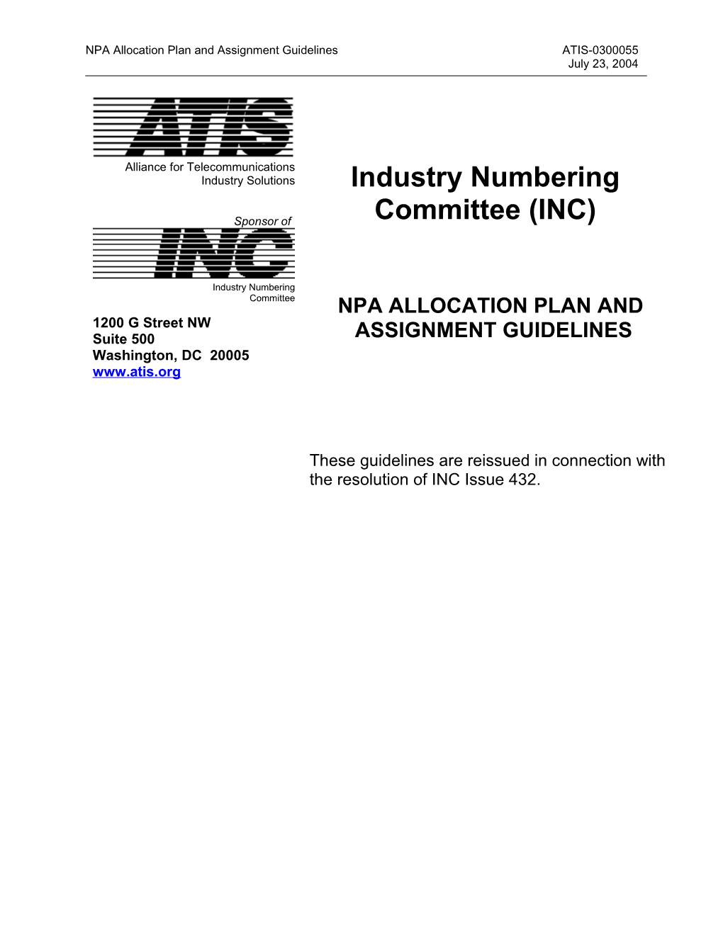 NPA Allocation Plan and Assignment Guidelines ATIS-0300055