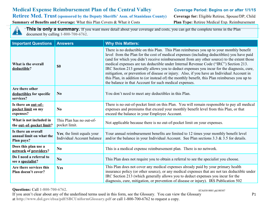 Medical Expense Reimbursement Plan of the Central Valley Retiree Med. Trust Coverage Period