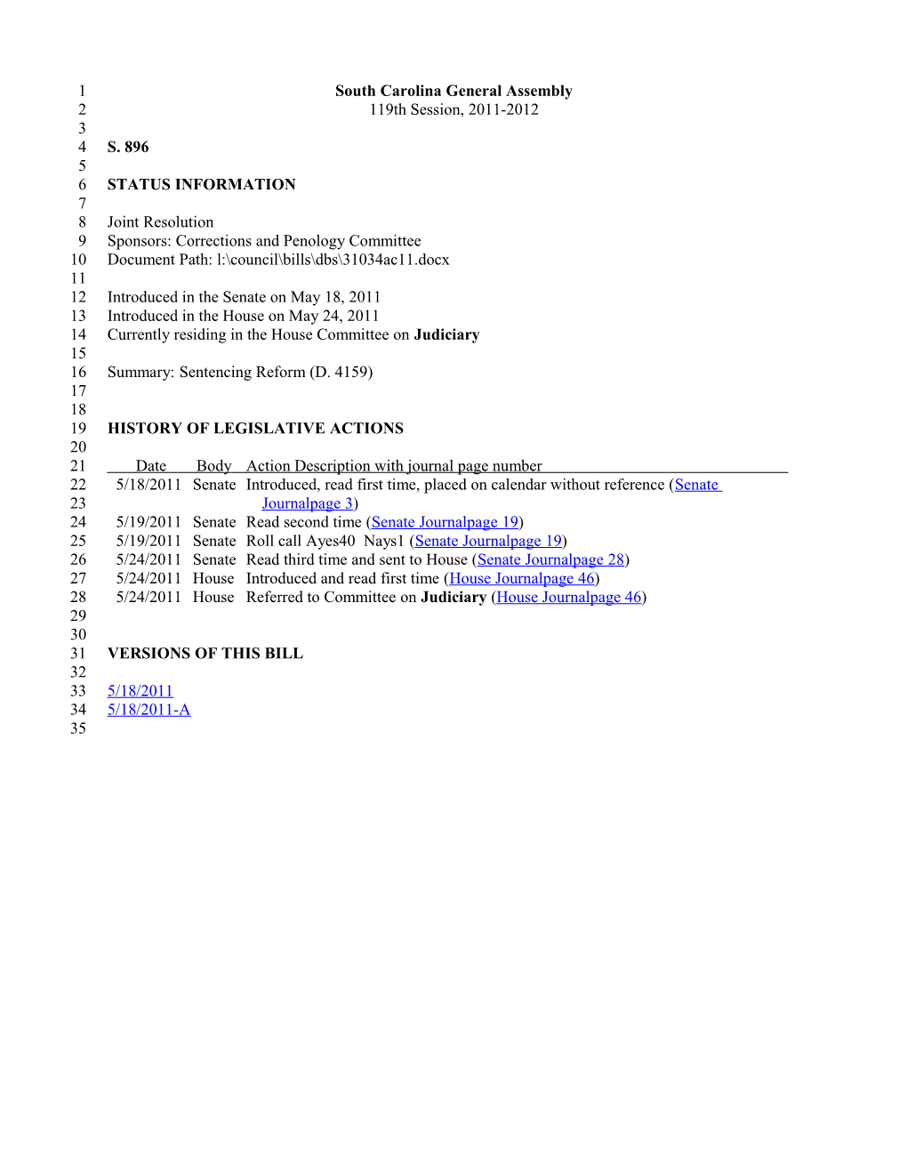 2011-2012 Bill 896: Sentencing Reform (D. 4159) - South Carolina Legislature Online