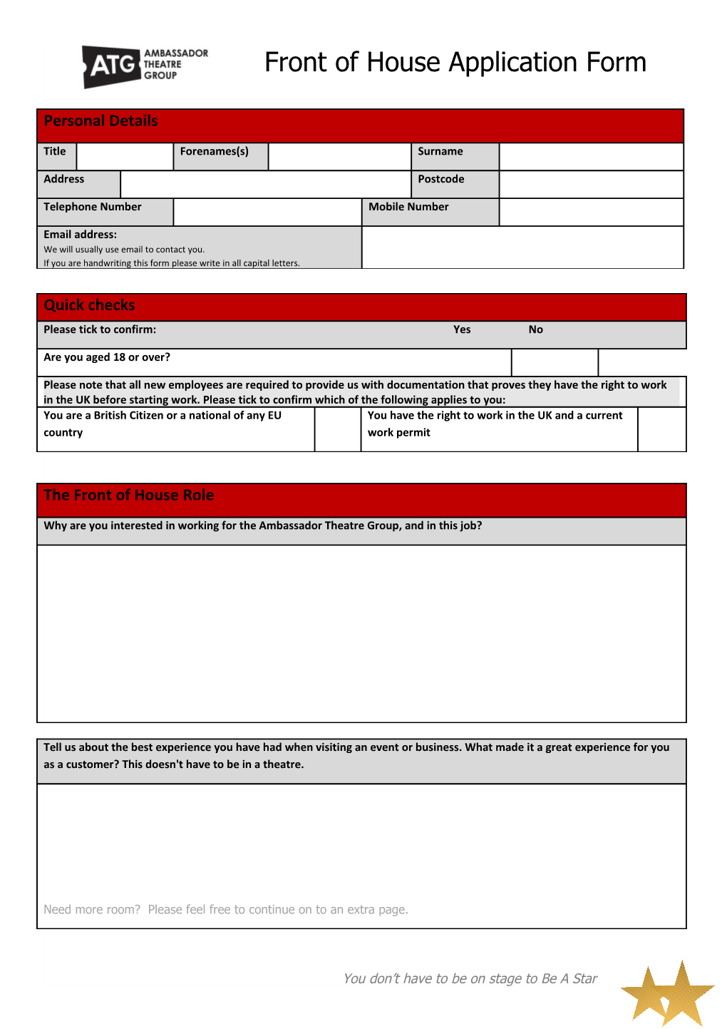Front of House Application Form