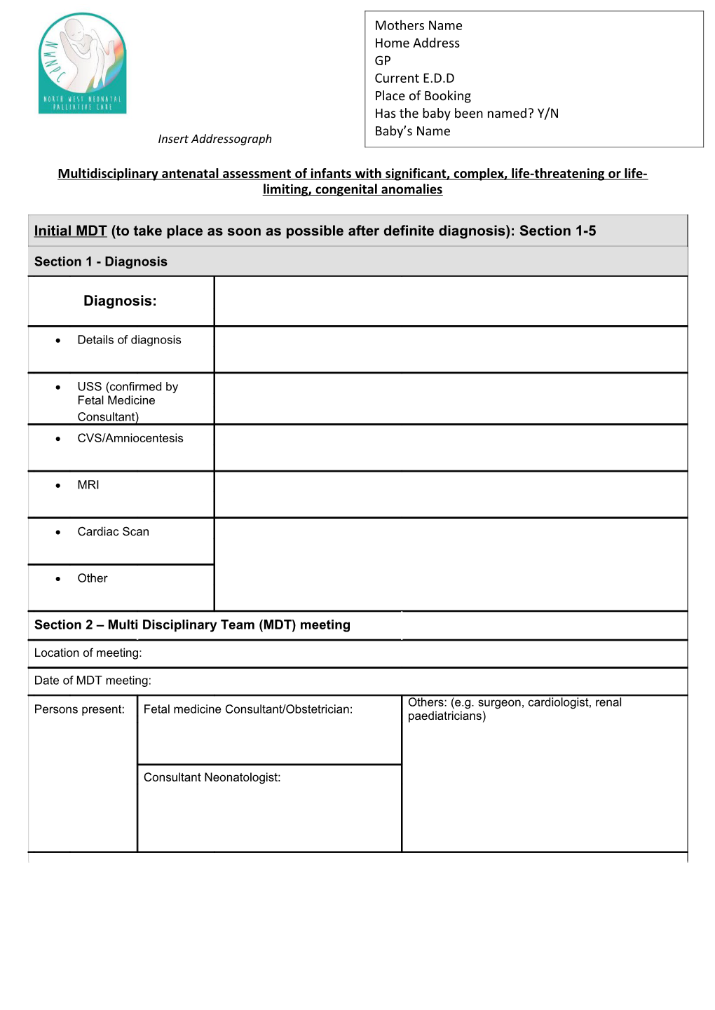 Initial MDT (To Take Place As Soon As Possible After Definite Diagnosis): Section 1-5