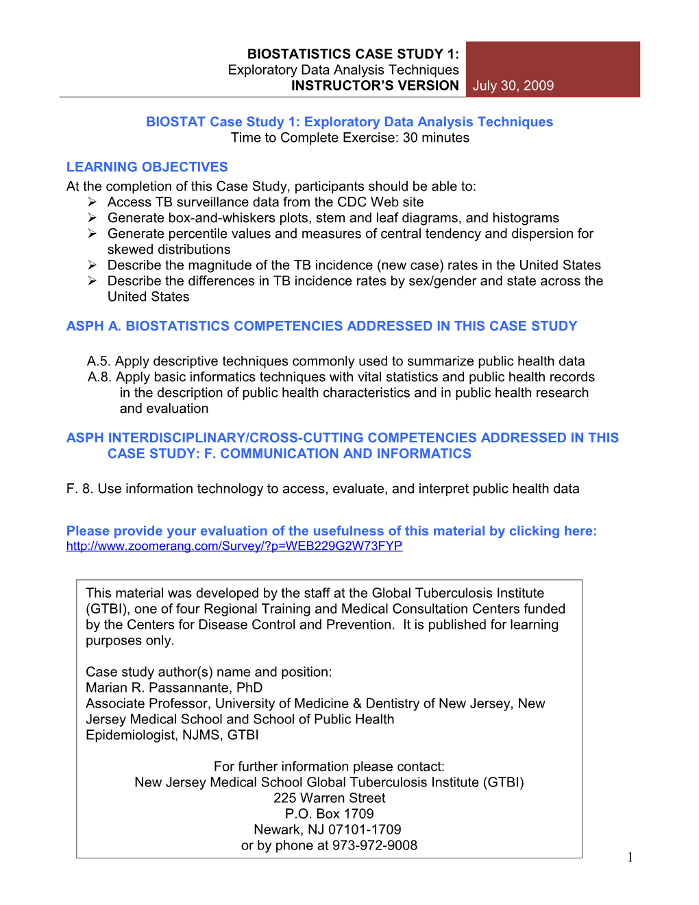 Biostatistics Module I: Instructor Version