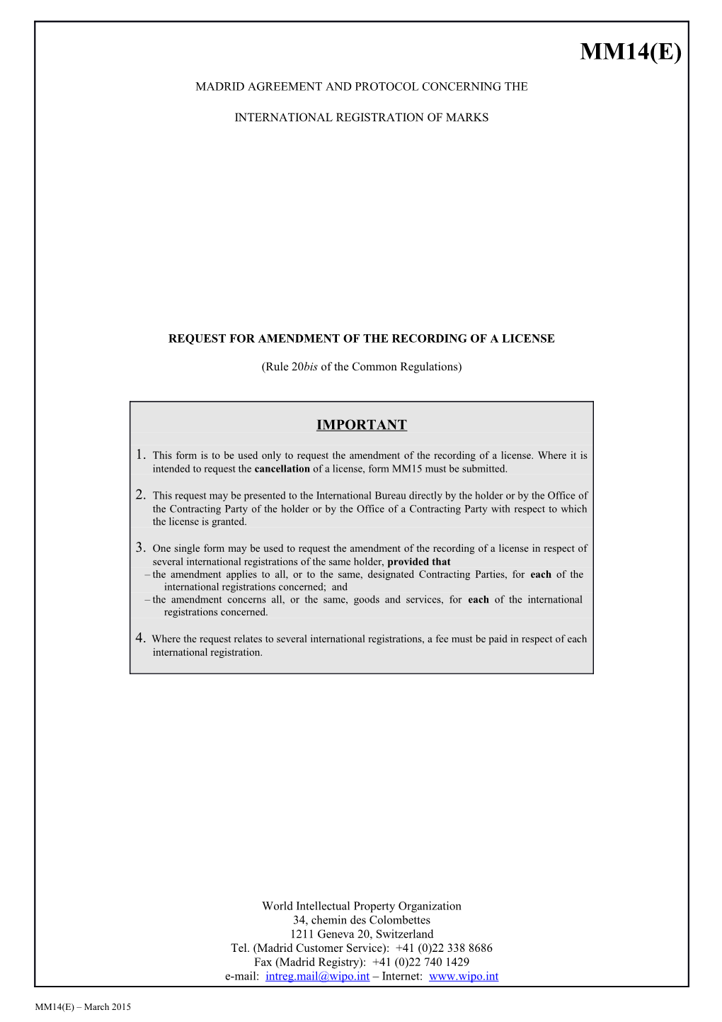 Form MM14 (Madrid Agreement Concerning the International Registration of Marks