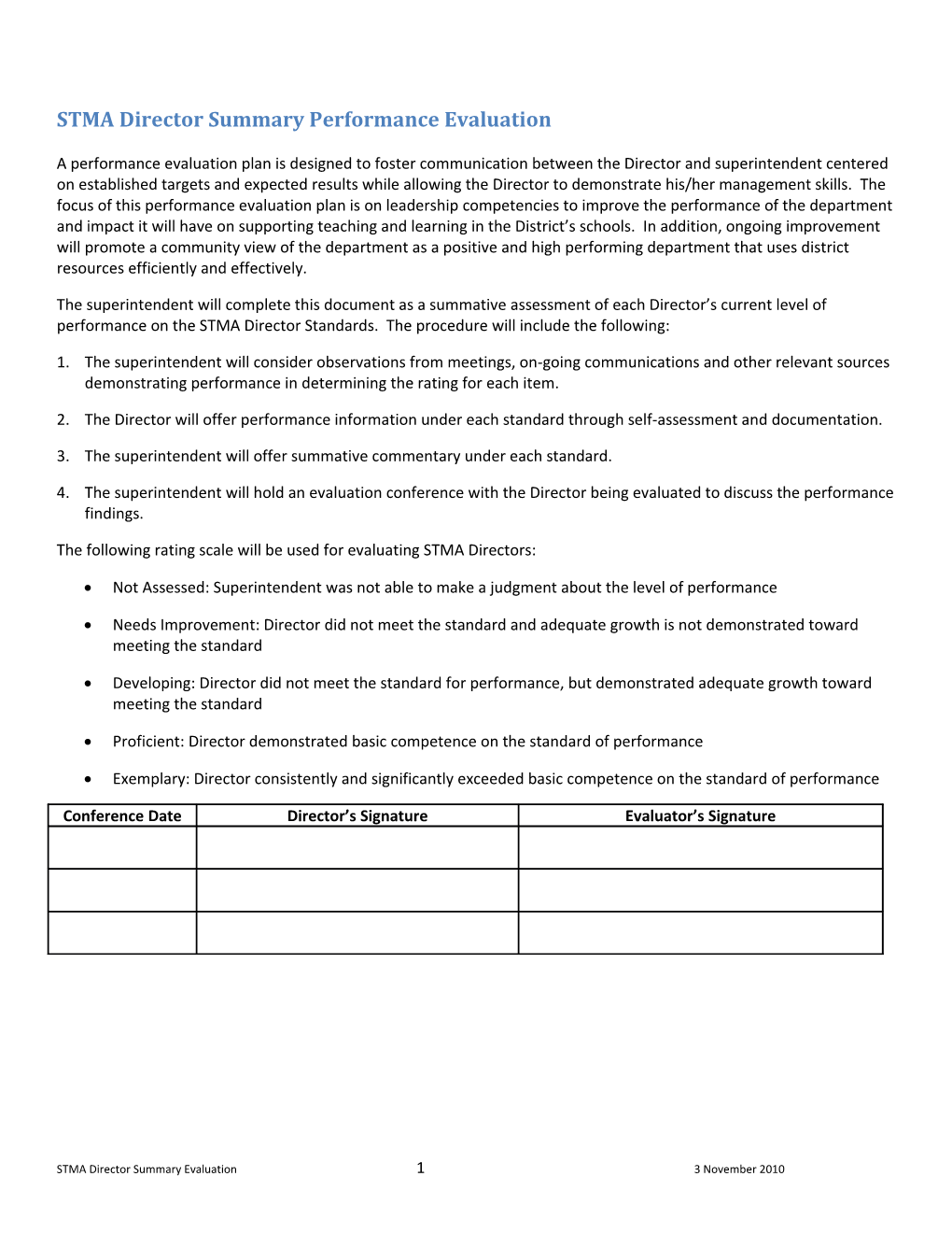 STMA Director Summary Performance Evaluation