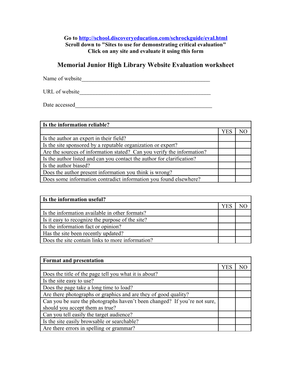 Scroll Down to Sites to Use for Demonstrating Critical Evaluation