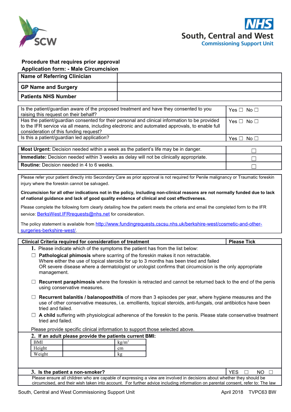 Procedure That Requires Prior Approval Application Form: - Male Circumcision