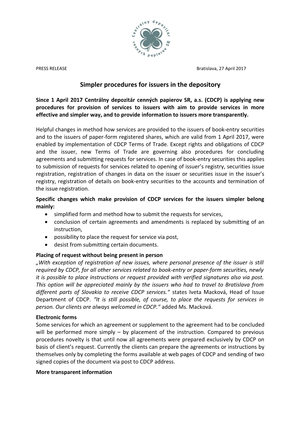 Simpler Procedures for Issuers in the Depository