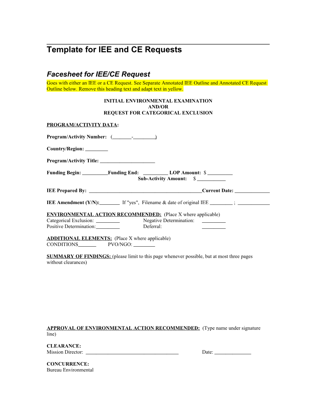 Template for IEE and CE Requests