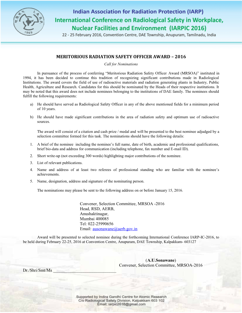 Meritorious Radiationsafetyofficer Award 2016
