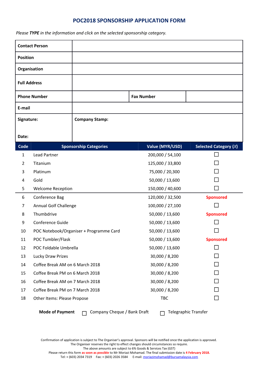 POC2018 Sponsorship APPLICATION Form