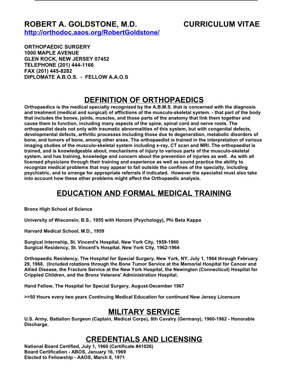 Robert A. Goldstone, M.D. Curriculum Vitae