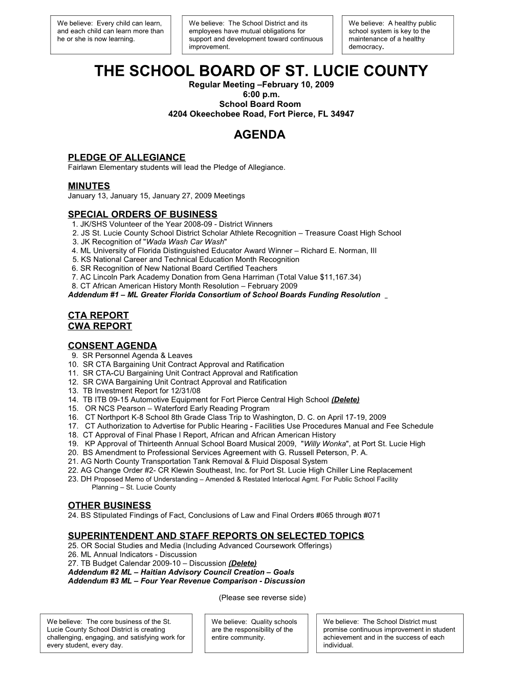 02-10-09 SLCSB Regular Meeting Agenda