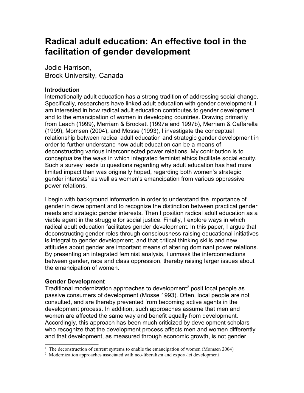 Radical Adult Education: an Effective Tool in the Facilitation of Gender Development