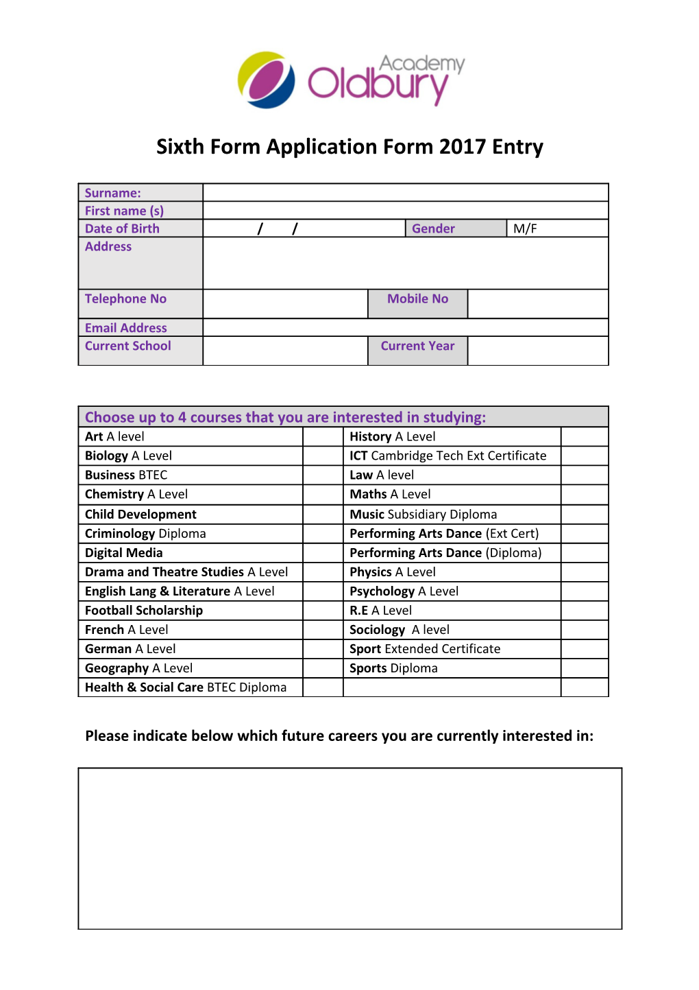 Sixth Form Application Form 2017 Entry