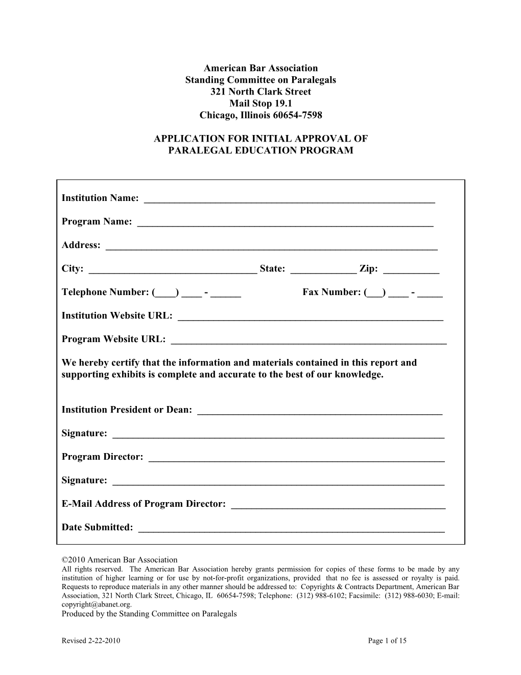 Application for Initial Approval of Paralegal Education Program