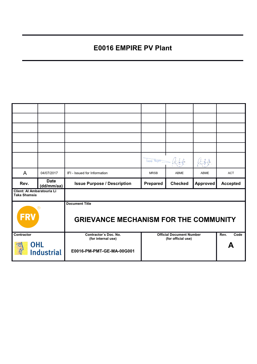 Grievance Mechanism for the Community