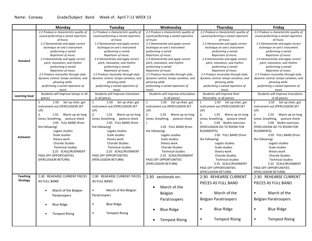 Name: Conwaygrade/Subject:Bandweek Of: April 7-11WEEK 13