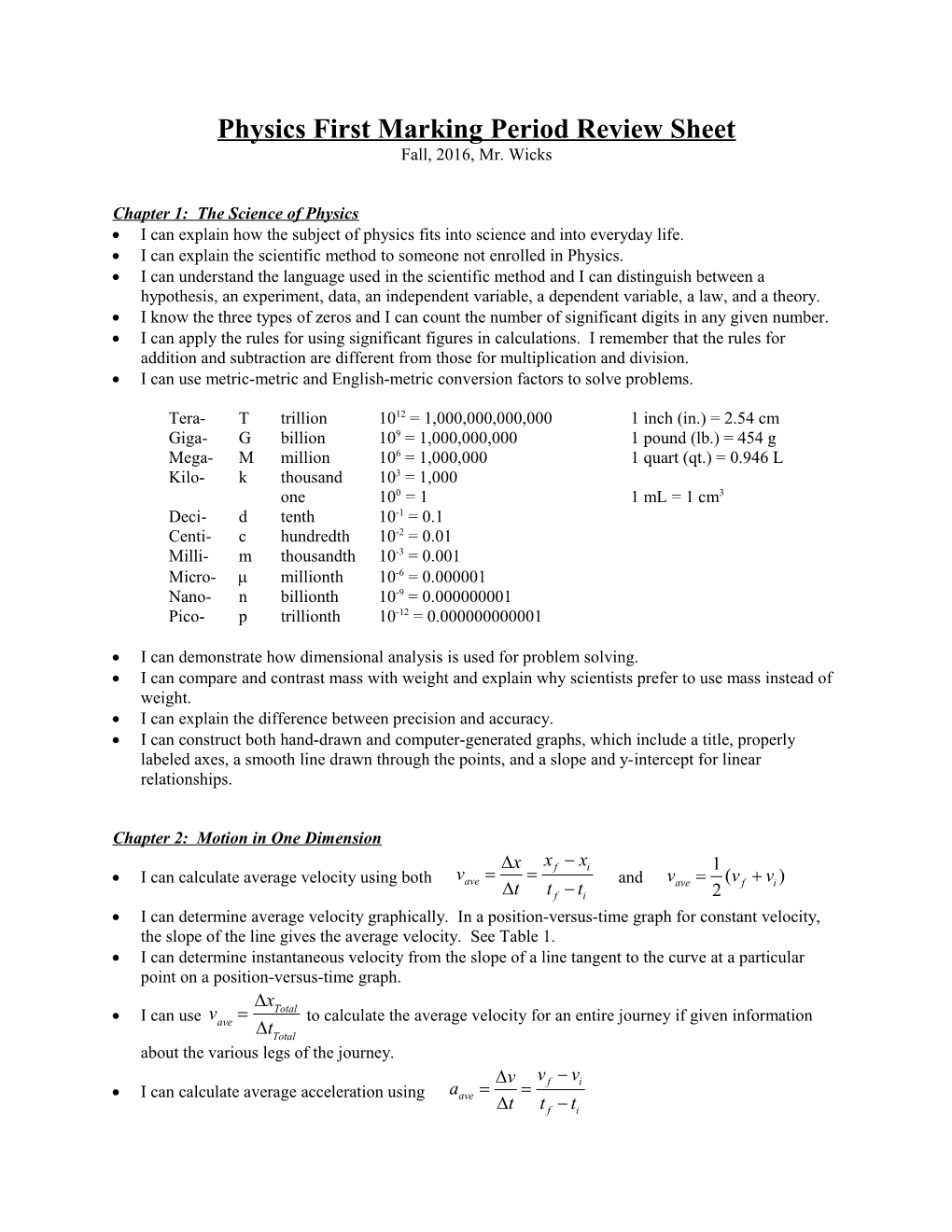 Physics First Marking Period Review Sheet, Page 1