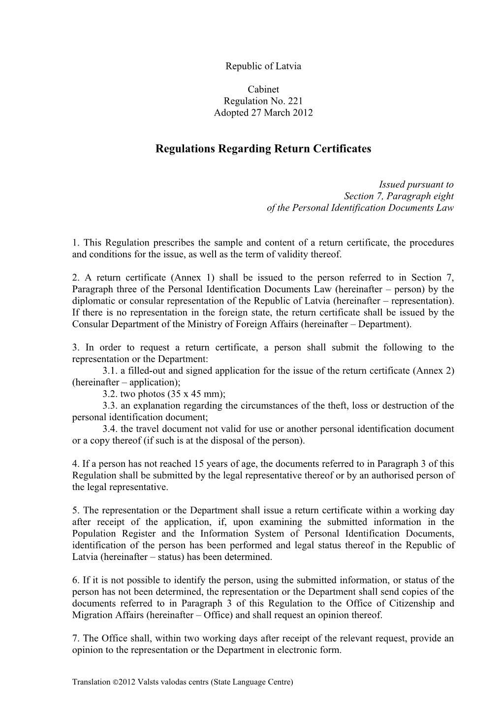 Regulations Regarding Return Certificates