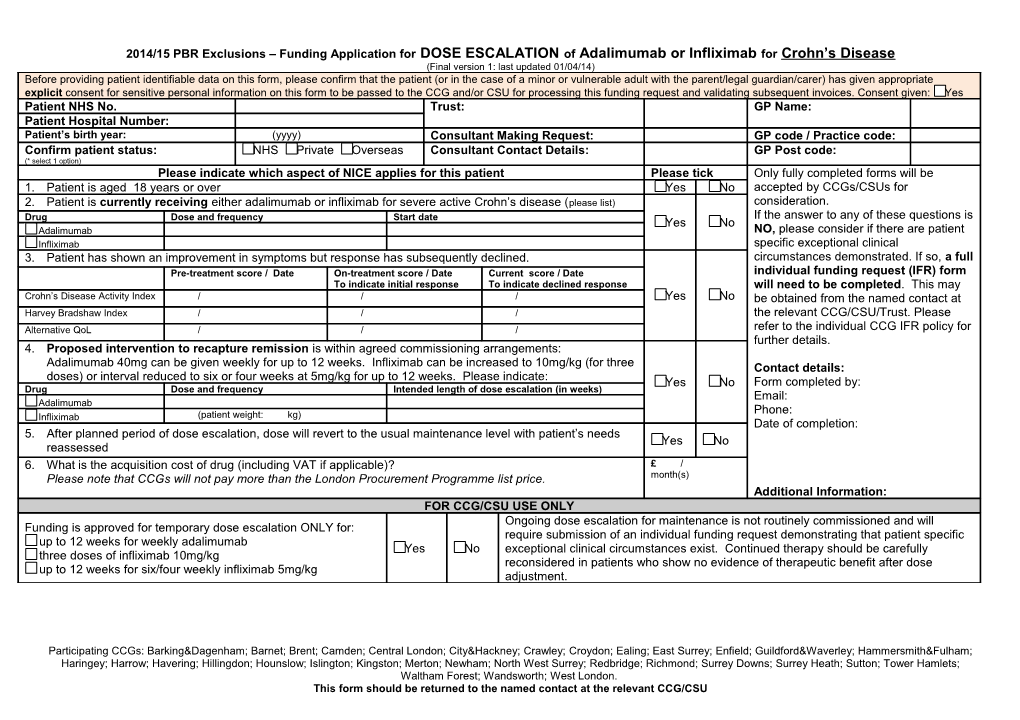 PBR Exclusions 2006/07 Funding Application for Etanercept Or Infliximab for the Treatment
